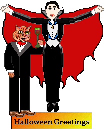 A Joyous Halloween from the cats: Count Dracula, Spiffy, and Mr. Wrong