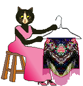 cat: black print fringed shawl