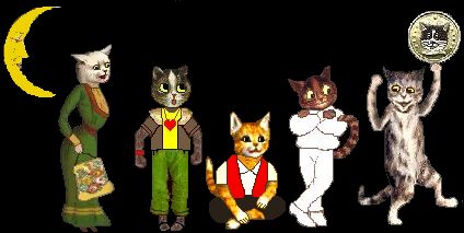 A parade of dressed cats in heaven