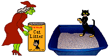 Red Witch cleans litter box